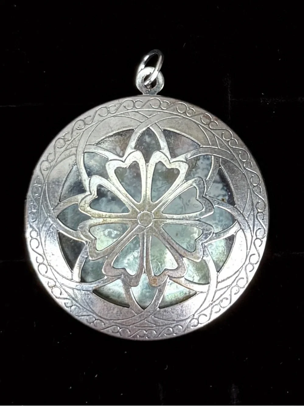 Vintage silvertone aged cutout locket pendant + Free 16” cord necklace